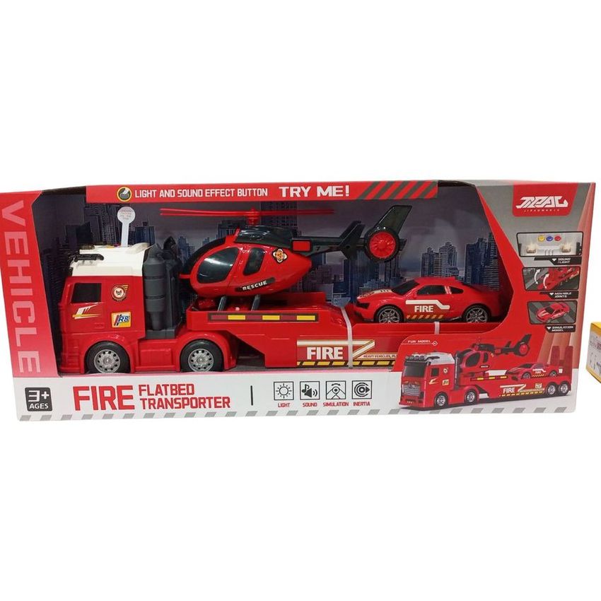 Fire Flatbed Transporter Truck with Helicopter & Cars